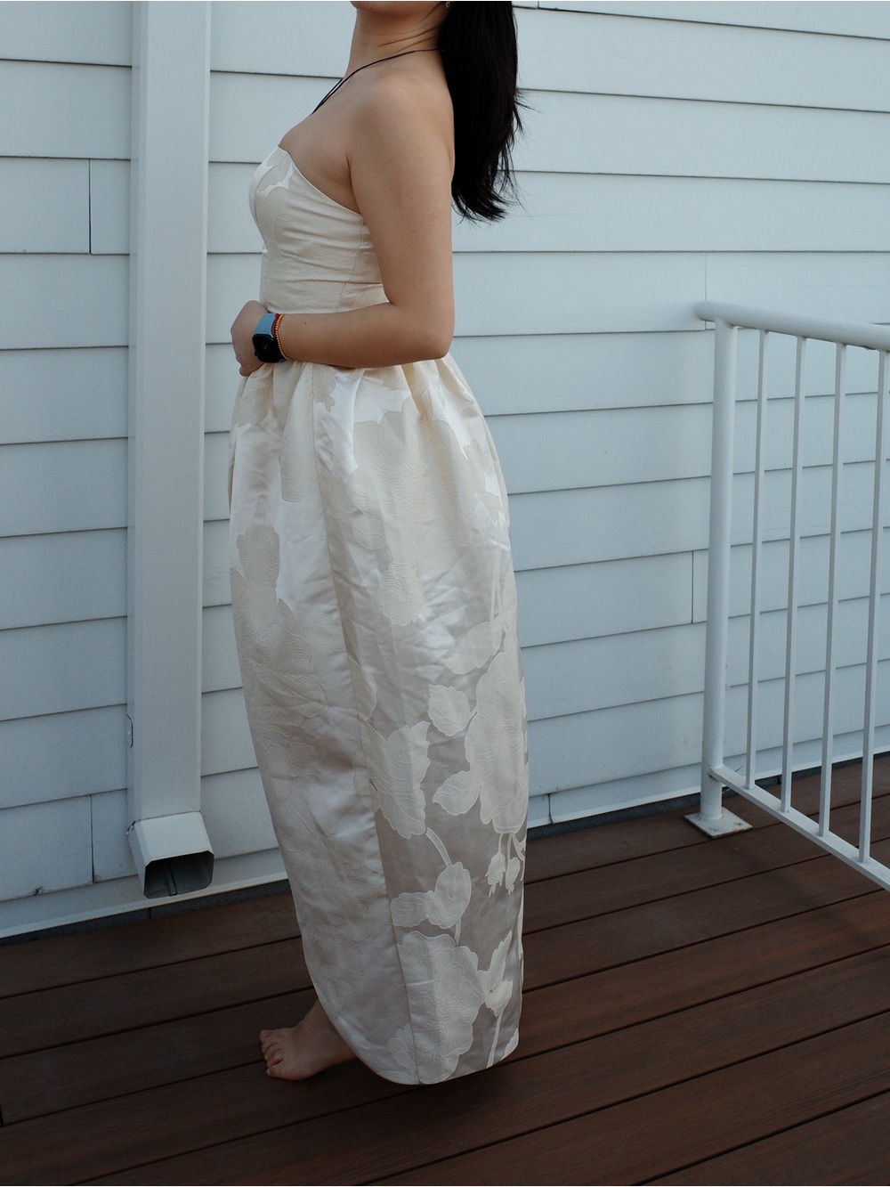 Strapless Floral Jacquard Midi Dress in Ivory - Picture 6 of 9